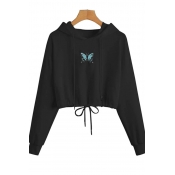 Cool Womens Hoodie Butterfly Pattern Drawstring Hem Regular Fitted Long Sleeve Cropped Hoodie