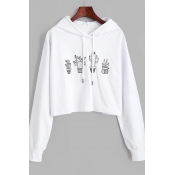 Womens Hoodie Stylish Potted Cactus Print Drawstring Long Sleeve Regular Fitted Cropped Hoodie
