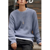 Classic Mens Sweater Plain Purl-Knit Long Sleeve Drop Shoulder Relaxed Fit Crew Neck Sweater