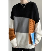 Mens Sweater Unique Contrast Cable-Knit Detail Rib Trim Round Neck Long Sleeve Loose Fit Sweater