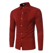 Mens Shirt Unique Plain Pleated Front Button up Spread Collar Long Sleeve Slim Fitted Shirt