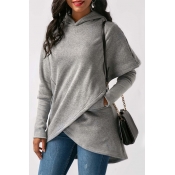 Womens Designer Plain Gray Long Sleeve Tunic Irregular Hoodie