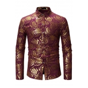 Classic Mens Shirt All-over Rose Gilding Pattern Button up Point Collar Long Sleeve Slim Fitted Shirt