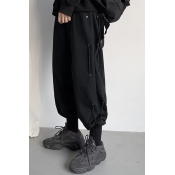 Mens Pants Trendy Plain Drawstring Detail Cuffed Loose Fitted 7/8 Length Tapered Relaxed Pants