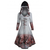 Womens Dress Chic Tree Branch Print High-Low Hem Lace-up Front Midi Slim Fitted Long Sleeve Hooded A-Line Dress