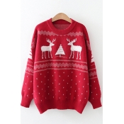 Fancy Women's Sweater Reindeer Snowflake Stripe Printed Round Neck Long Sleeves Relaxed Fit Knitted Sweater