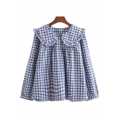 Basic Womens Shirt Plain Checkered Print Stringy Selvedge Peter Pan Collar Button Detail Slim Fitted Long Sleeve Shirt