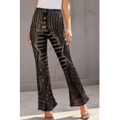 Womens Pants Chic Sequin Decoration High Waist Loose Fitted Long Flare Relaxed Pants