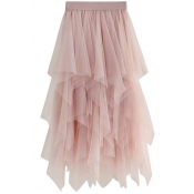 Vintage Womens Skirt Plain Asymmetric Hem Midi High Elastic Waist Tulle Skirt