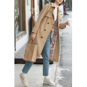 Elegant Women's Trench Coat Solid Color Double Breasted Buckle Cuffs Notched Collar Regular Fitted Trench Coat