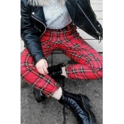 Trendy Fancy Women's High Rise Plaid Printed Ankle Length Slim Fit Tapered Pants in Red