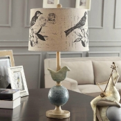 Beige Drum Night Stand Lamp Modern 1 Light Bird Print Fabric Table Light with Ball Stand