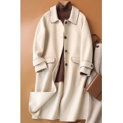 Womens Coat Creative Pocket Flap Design Embroidered-Trim Double Sided Button down Longer Length Loose Fit Long Sleeve Turn-down Collar Wool Coat