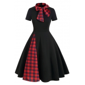 Creative Womens Dress Color Block Plaid-Patchwork Zipper Back Bowknot Stand Collar Short Sleeve A-Line Slim Fitted Midi Swing Dress