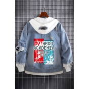 Fashion Printed Ripped Patchwork Long Sleeve Hooded Button Down Denim Jacket