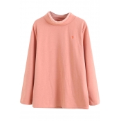 Womens Tee Top Stylish Embroidery Mock Neck Long Sleeve Loose Fitted T-Shirt