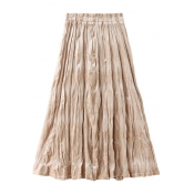 Classic Womens A-Line Skirt Pleuche Pleated High Elastic Rise Midi A-Line Skirt