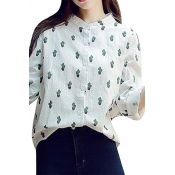Cactus Printed Stand Collar Long Sleeve Button Front Leisure Shirt