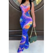 Fancy Women's Jumpsuit Tie Dye Pattern Strap Ruched Detailed Scoop Neck Sleeveless Slim Fitted Jumpsuit