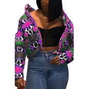 Retro Womens Down Jacket Abstract Pattern Color Block Zipper up High Neck Regular Fit Long Sleeve Puffer Jacket