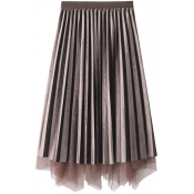 Womens Skirt Casual Pleuche Convertible Asymmetric Layered Tulle Midi High Elastic Waist A-Line Pleated Skirt