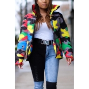 Retro Womens Down Jacket Camo Pattern Zipper up High Neck Loose Fit Long Sleeve Puffer Jacket