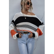 Creative Womens Sweater Color Block Stripe Pattern Long Drop-Sleeve Relaxed Fitted Round Neck Sweater