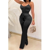Fancy Women's Jumpsuit Solid Color Drawstring Waist Strapped Drawstring Waist Sleeveless Scoop Neck Slim Fitted Jumpsuit
