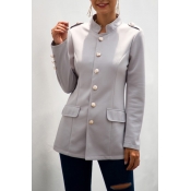 Womens Jacket Stylish Plain Epaulette Single Breasted Slim Fit Long Sleeve Stand Collar Suit Jacket