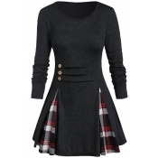 Classic Womens Dress Plaid-Patchwork Button Decoration Short A-Line Slim Fitted Round Neck Long Sleeve Swing Dress