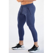 Fancy Mens Pants Solid Color Zip Pocket Elastic Drawsting Waist 7/8 Length Skinny Training Pants