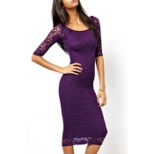 Chic Floral Lace-Up Boat Neck Sheer Half Sleeve Bodycon Midi Dress