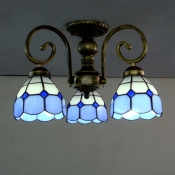 3-Head Scalloped/Bell Semi Flush Ceiling Light Tiffany Blue Cut Glass Flush Chandelier with Scroll Arm