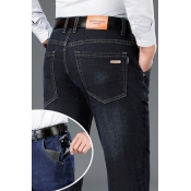 Mens Business Jeans Trendy Dark Wash Zipper-Pocket Thick Stretch Zipper Fly Full Length Regular Fit Straight Jeans