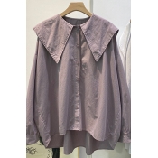 Trendy Womens Shirt Solid Color Button Closure Point Collar High-Low Long-sleeved Loose Fitted Shirt Blouse