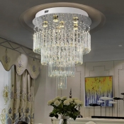 4-Tier Dining Room Ceiling Mount Lamp Modern Crystal Draping 6 Heads Stainless Steel Flush Light