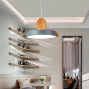 Grey/Green Circle LED Pendulum Light Macaron Acrylic Hanging Pendant with Wood Decoration