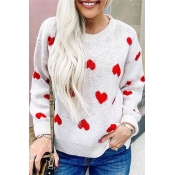 Womens Stylish Red Heart Printed Long Sleeve Crew Neck Loose Fit White Pullover Sweater Knitwear