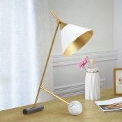 Postmodern Bipod Nightstand Lamp Marble 1 Head Bedroom Table Light with Cone Shade in White and Brass