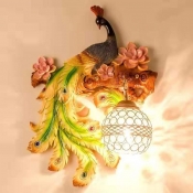 Rustic Peacock Blossom Wall Sconce 1-Light Resin Left/Right Wall Mounted Lighting in Green/Gold with Crystal Shade