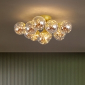 Smokey Grey Glass Bubble Ceiling Lighting Modern 7/11 Bulbs Black/Gold LED Flush Mount Light with Starry Effect