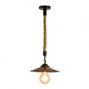 Single-Bulb Saucer Drop Pendant Loft Black Iron Hanging Light Kit with Rope Cord over Table