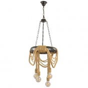 4 Lights Jute Rope Chandelier Pendant Loft Style Beige and Black Tyre Dining Room Suspension Lamp