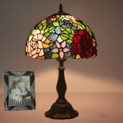 Dome Stained Glass Table Lamp Tiffany Single Red Night Stand Light with Blossom Pattern