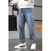 Trendy Men's Jeans Faded Wash Pockets Zip Fly Straight Ankle Length Jeans Pants
