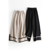 Vintage Women's Pants Stripe Pattern Elastic Drawstring Waist Long Wide Leg Knitted Pants