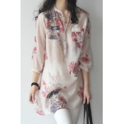 Trendy Women's Shirt Blouse Floral Pattern Button Chest Pocket 3/4 Sleeves Relaxed Fit Shirt Blouse