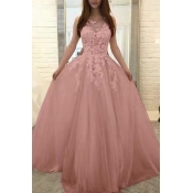 Pink Round Neck Sleeveless Lace Patch Floor Length A-Line Evening Dress