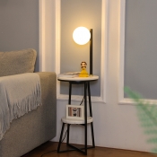 Modern Ball Floor Light Cream Glass Single Living Room LED Standing Lamp with 2-Layer Marble Shelf in Black