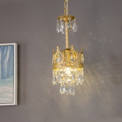 Crown Shaped Bedside Pendulum Light Antique Metal Gold Finish Drop Pendant with Teardrop Crystals